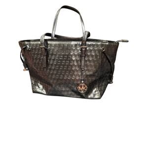 Michael Kors Voyager Blue Gunmetal Embossed Leather Large Tote